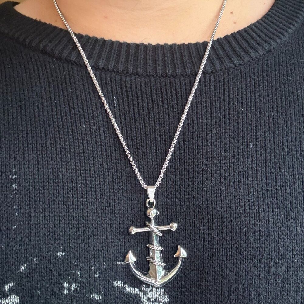 28" Vintage Anchor Pendant Necklace Stainless Steel Chain Pirate Punk Biker Alt